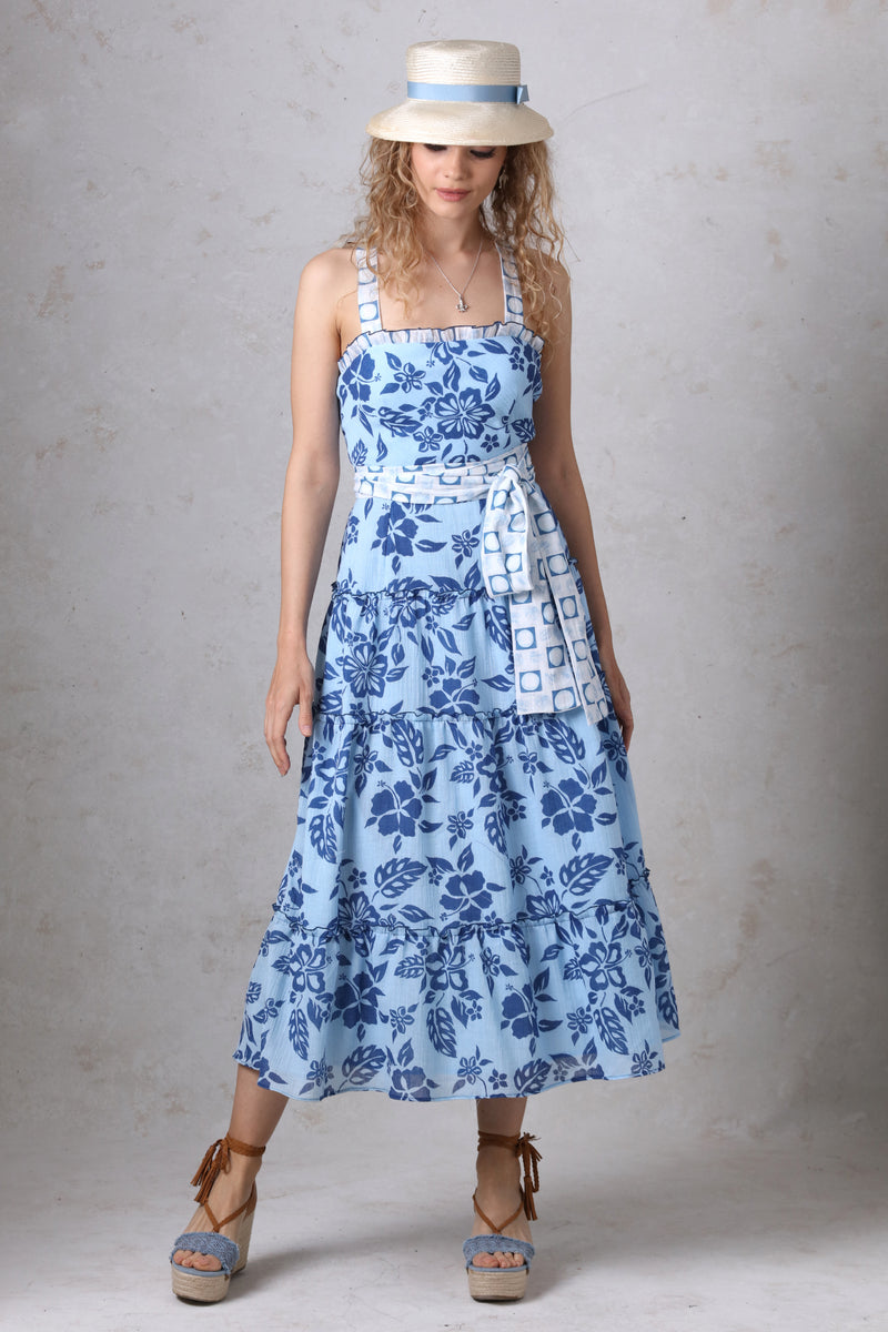 Blue Print Tiered Halter Dress JOANIE JAMES NY