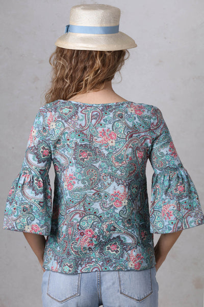 Blue Paisley Bell Sleeve Top