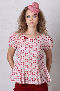 Red Square Print Puffed Sleeve Top