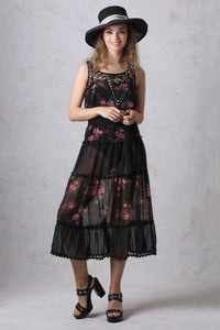 Black and Rose Print Chiffon Tiered Dress