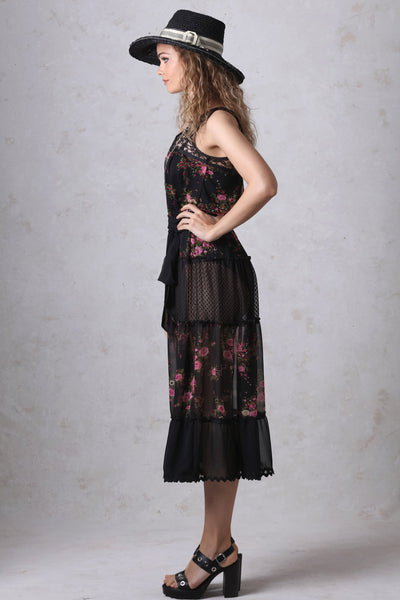 Black and Rose Print Chiffon Tiered Dress