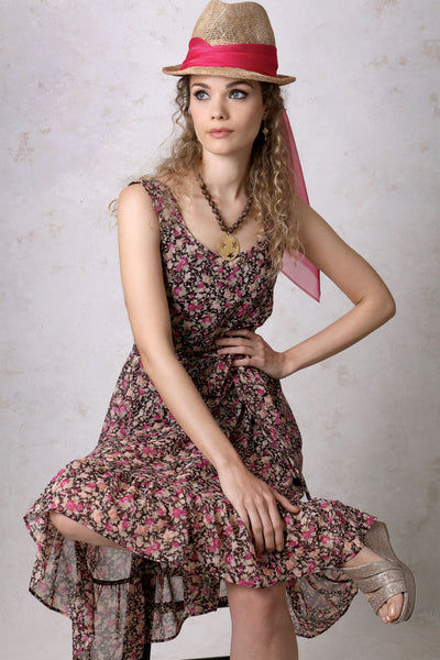 Brown Floral Belted Tank Dress