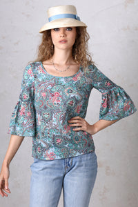 Blue Paisley Bell Sleeve Top